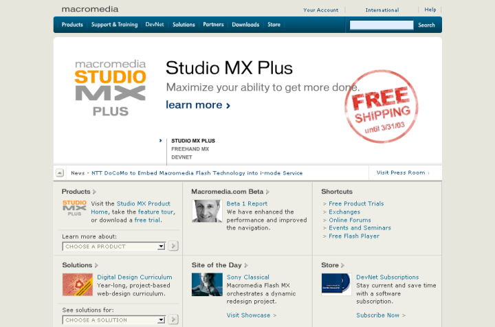 Macromedia home page, March 13/2003