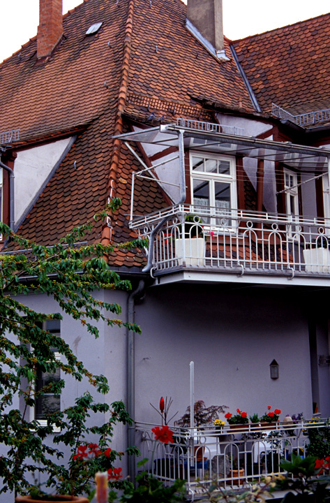 Rear view of balconies on a brick house, in Nuremberg