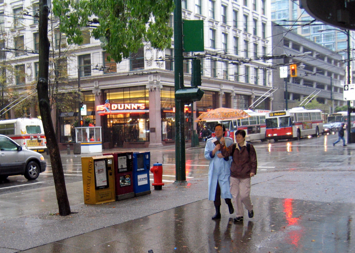 Pender and Granville in downtown Vancouver, in the rain