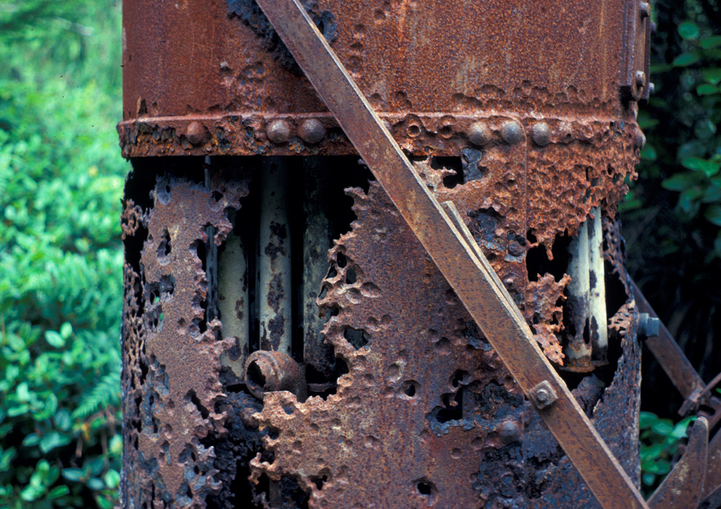 Rusted-out donkey engine in the woods