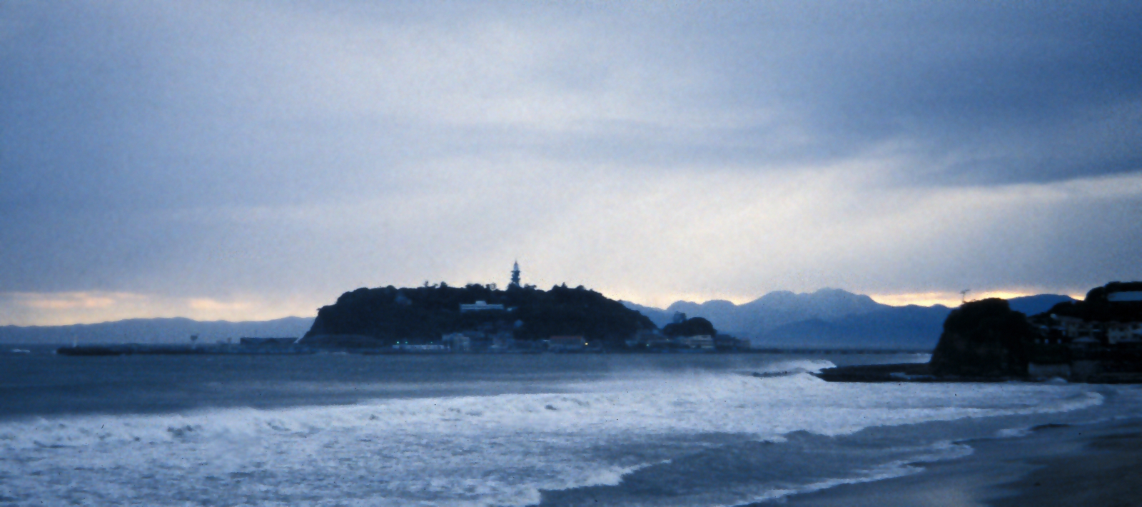 Island off Kamakura beach after typhoon