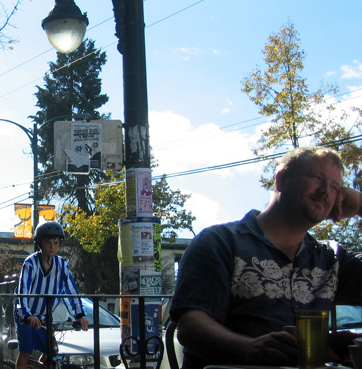 People from the Hanava patio on Commercial Drive