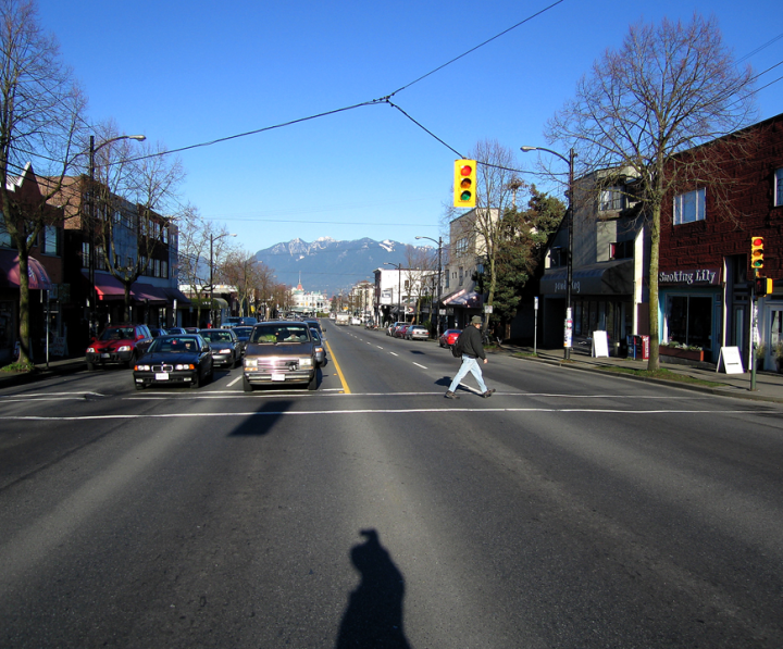 Main Street at 21st in Vancouver, looking North at noon.