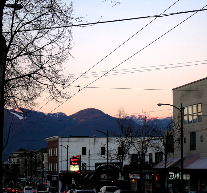 Main Street at 21st in Vancouver, looking North at dusk