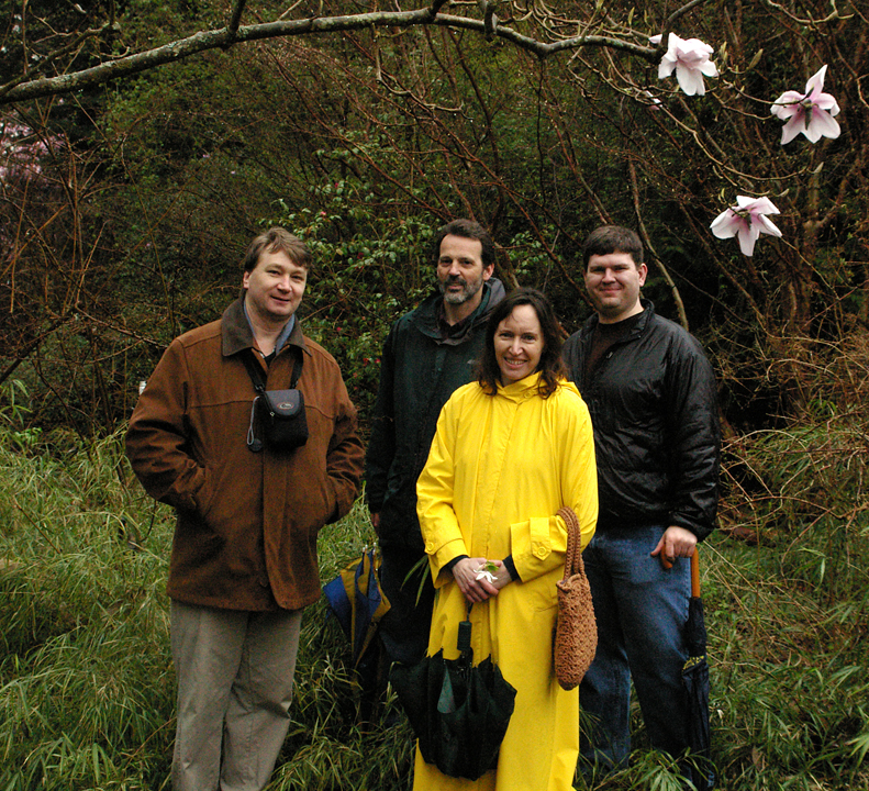 Quentin Cronk, Douglas Justice, Lauren Wood, and Daniel Mosquin in the UBC Botanical garden, with magnolias