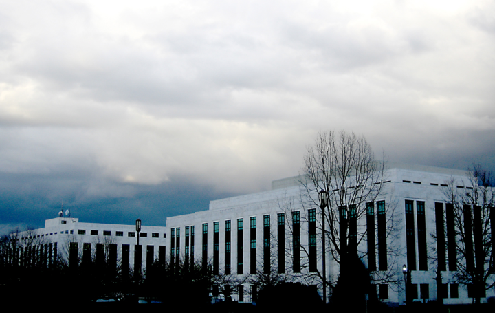 Oregon state government buildings in Salem against a grey sky