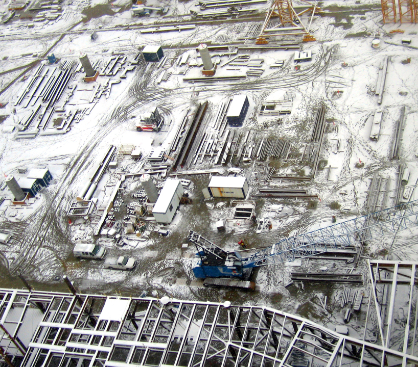 Snow-covered downtown Vancouver construction site