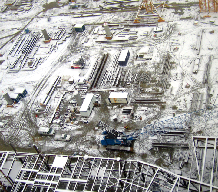 Snow-covered downtown Vancouver construction site