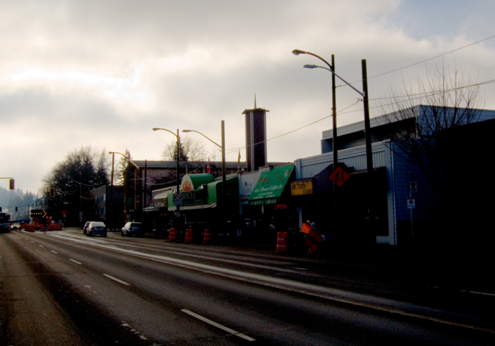 Cambie Street under construction in winter