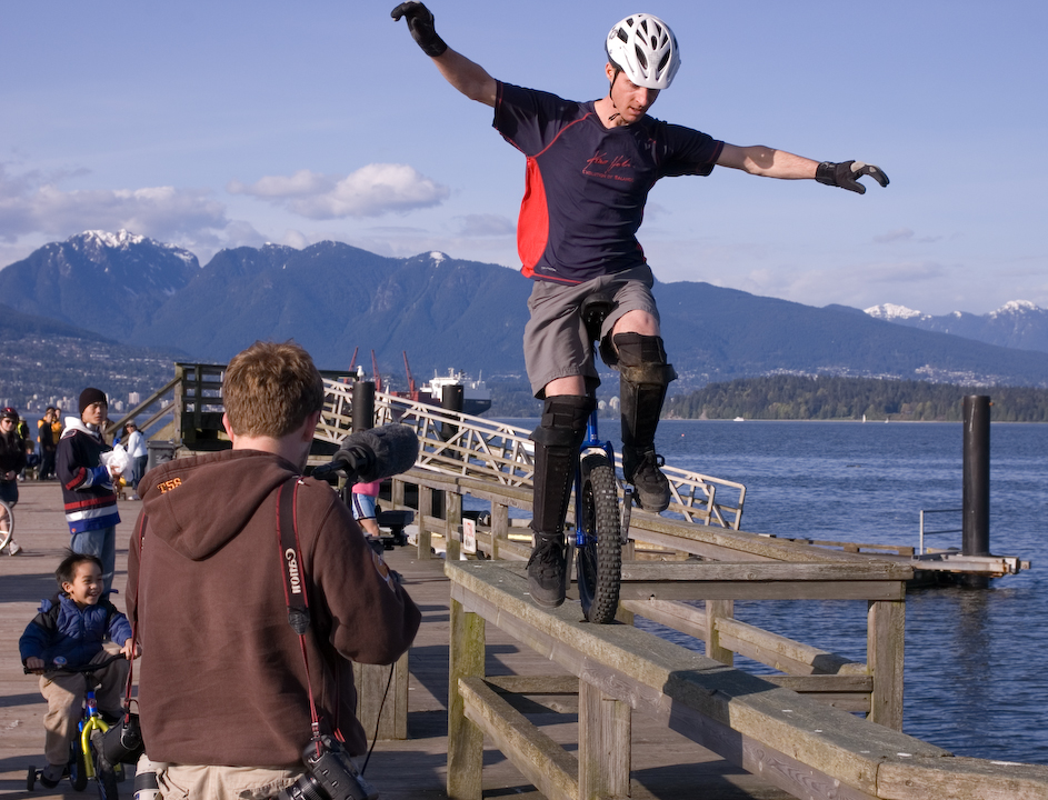 Kris Holm being filmed on the Jericho Pier, Vancouver