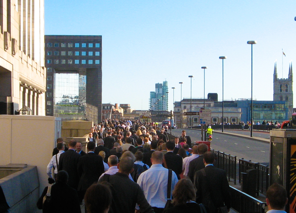 The rush-hour crowd walking south across London Bridge