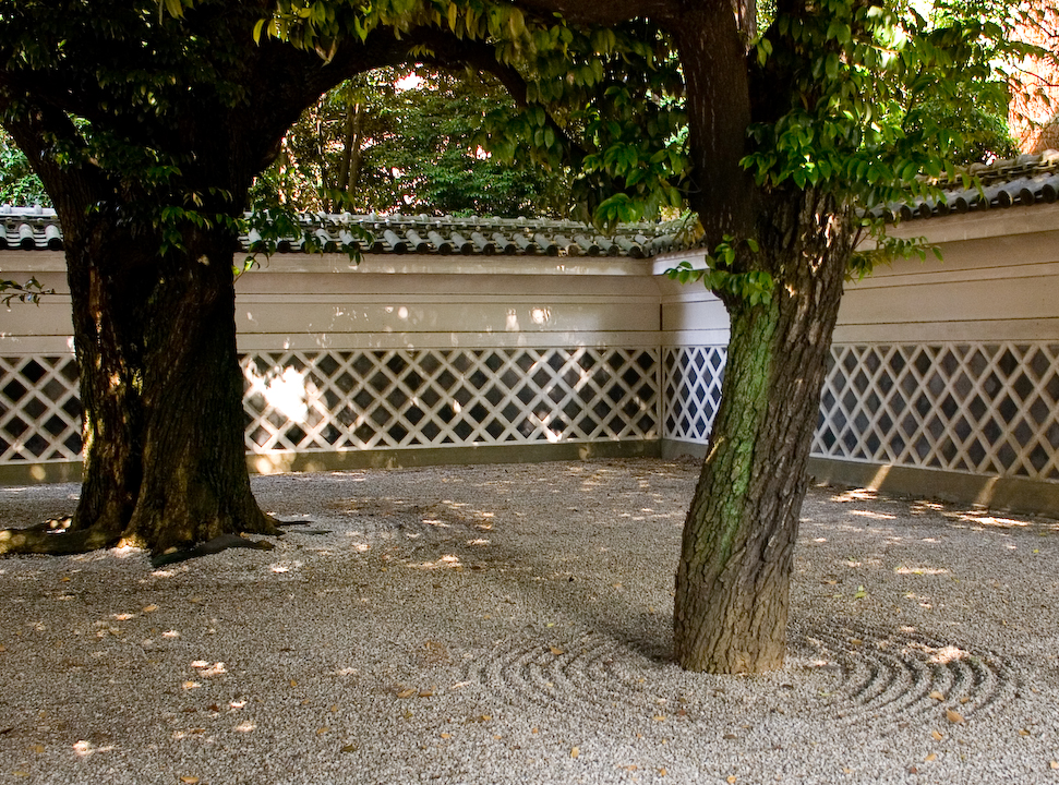 Gravel and tree-trunks outside the Red Gate of the University of Tokyo