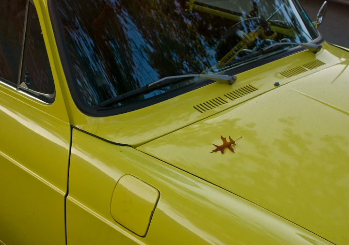 Autumn leaf on seventies yellow Volkswagen