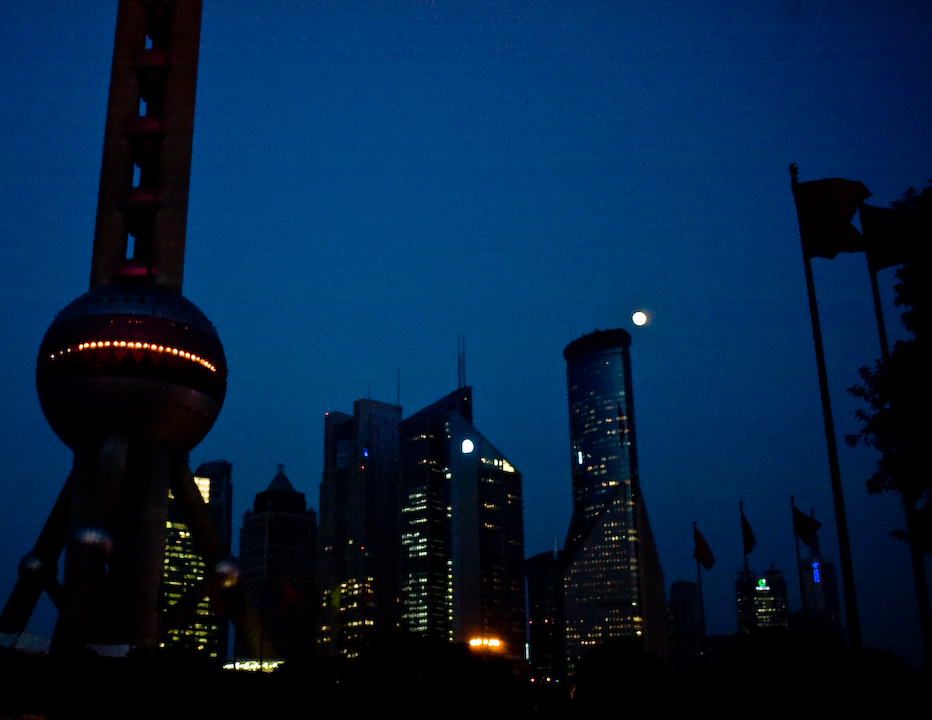 Shanghai skyscrapers and the Oriental Pearl Tower by night