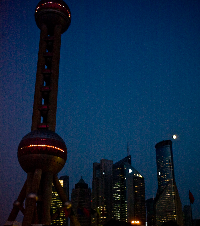 Shanghai skyscrapers and the Oriental Pearl Tower by night