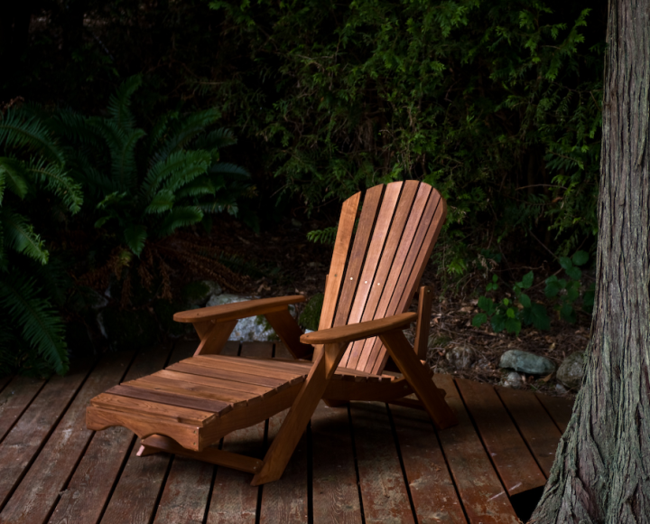 Muskoka chair on a deck, with vegetation