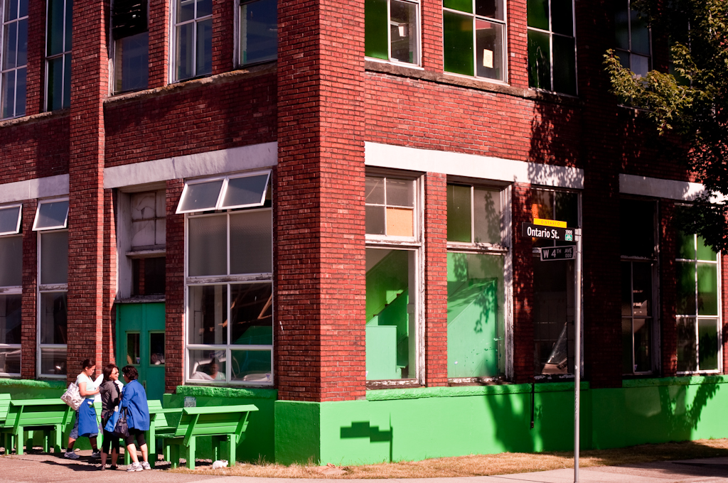 Red and green building at 4th and Ontario in Vancouver