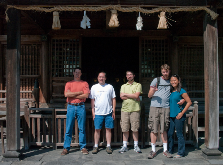 Bruce Tate, Tom Enebo, Charles Nutter, Evan Phoenix, and Abigail Phoenix, at a shrine in Matsue