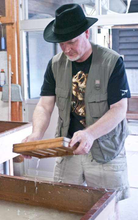 Tim Bray makes washi paper at the Abe memorial museum in Yakumo, Shimane