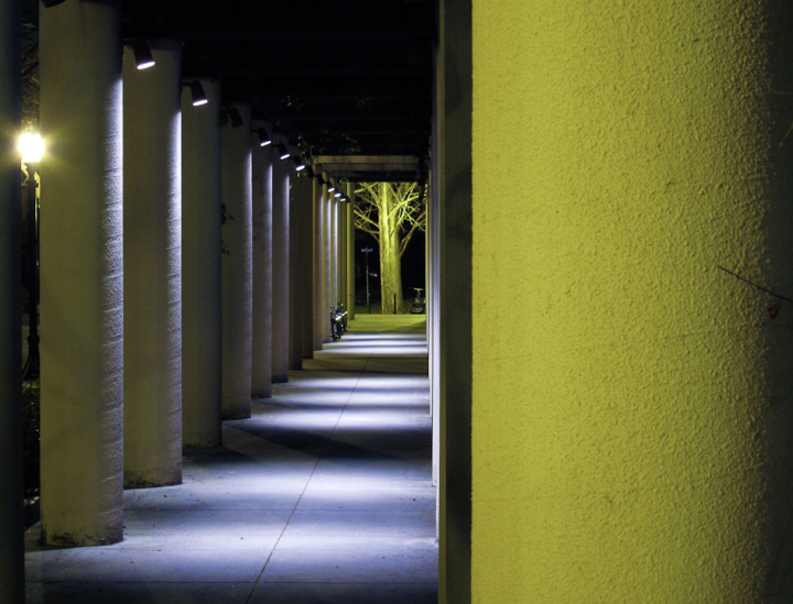 Mountain View Public Library colonnade at night