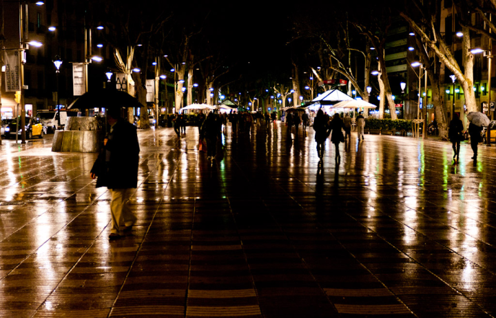 La Rambla at night after a rainstorm