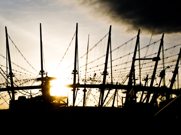 BC Place remodeling with the sun behind it