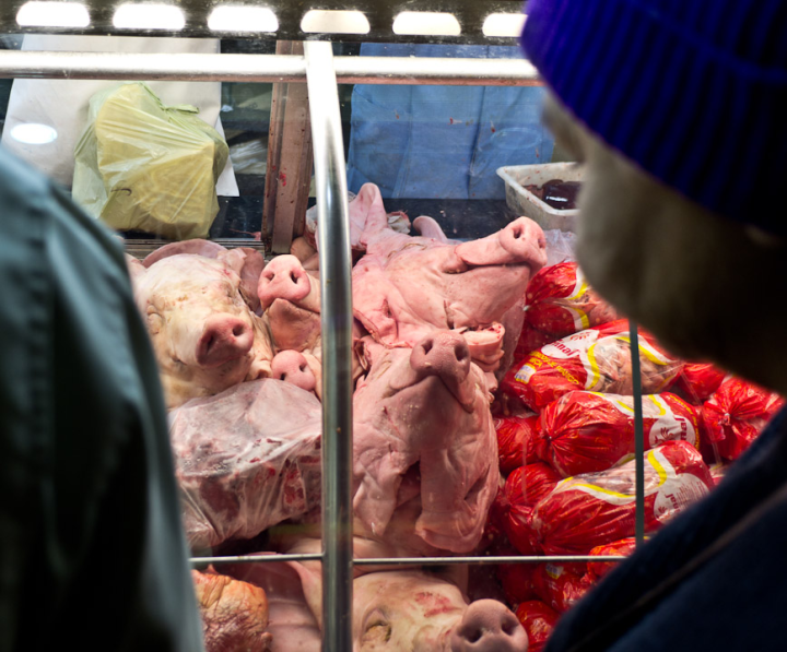 Pigs’ heads for sale at Porto Alegre central market