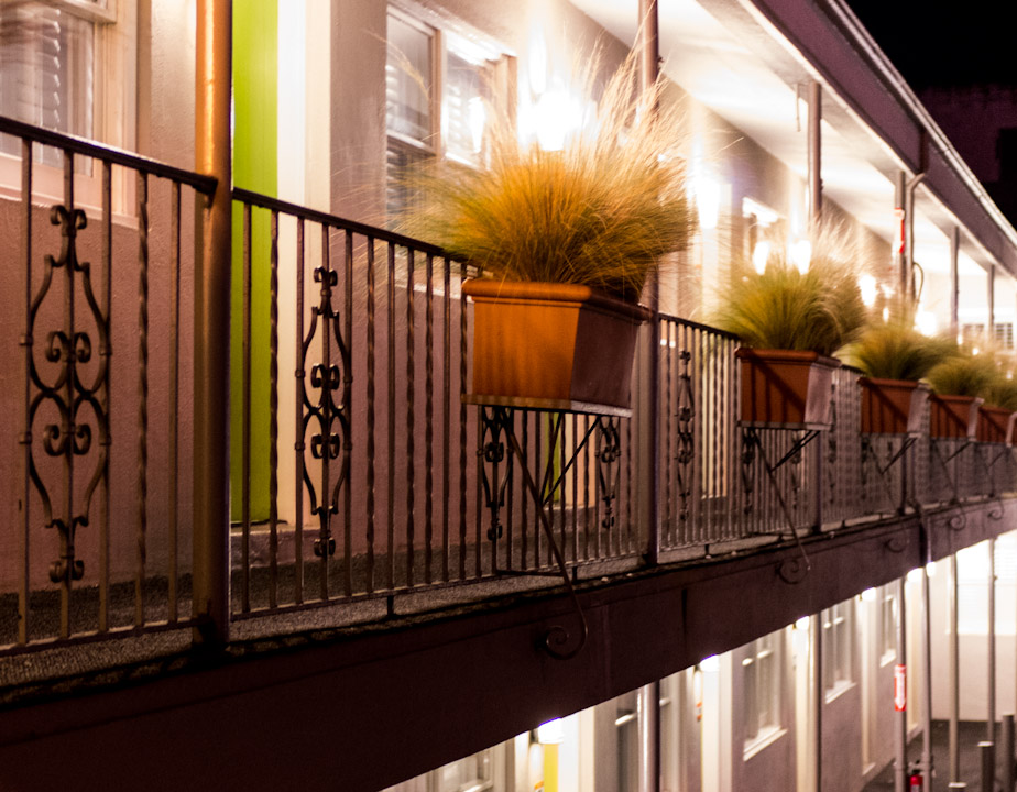 Motel balcony at night