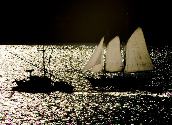 Two vessels on Howe Sound at sunset