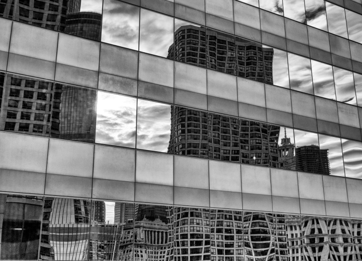 Buildings reflecting buildings as rendered in black and white by Silver Efex Pro