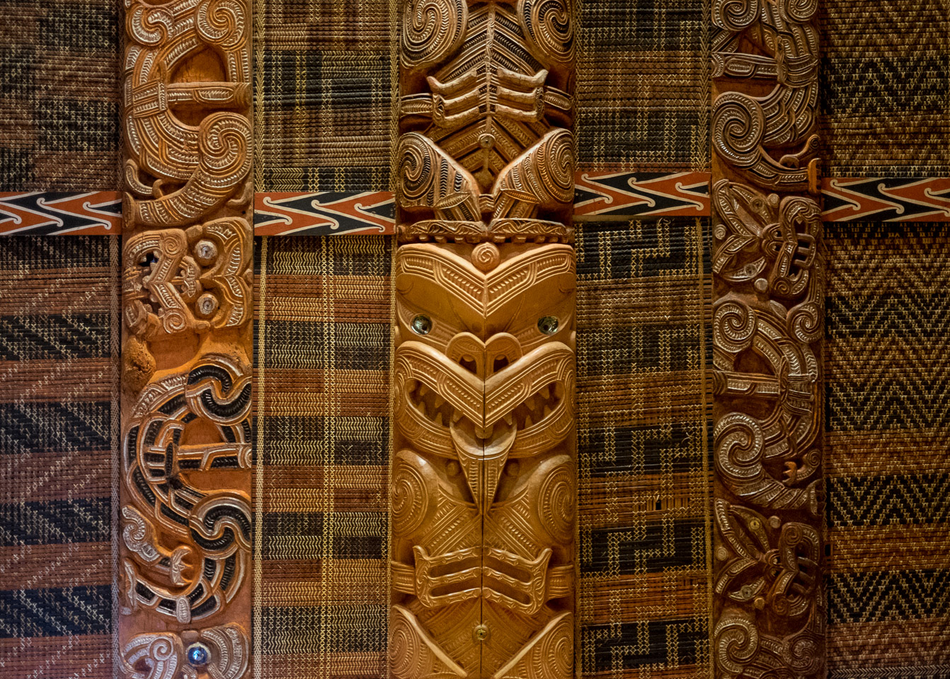 Māori meeting house interior close-up at the Auckland War Memorial Museum