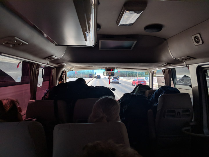 Inside the tour bus