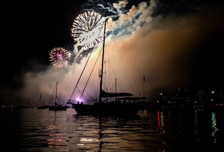 Fireworks in English Bay, photographed from a Jeanneau 795