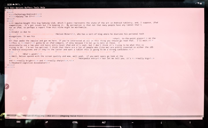 Emacs running on the Galaxy Tab S7+
