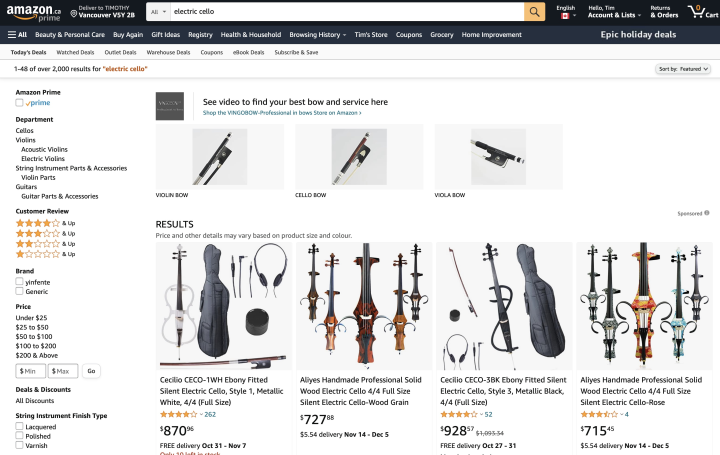 Searching for “electric cello” on amazon.ca
