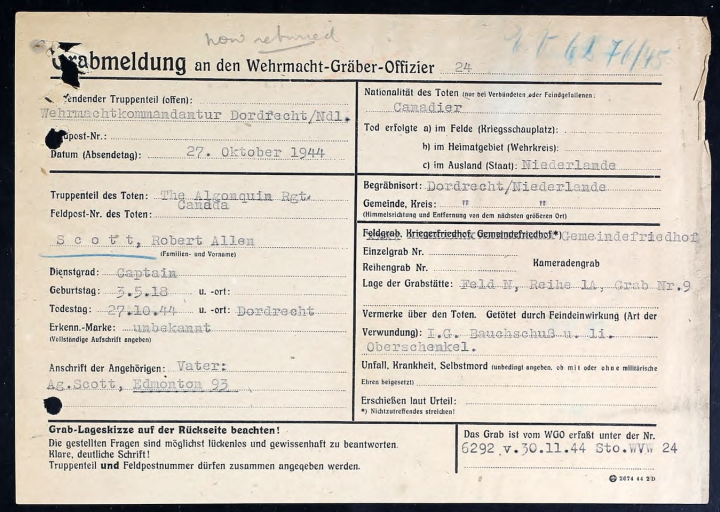 Wehrmacht record of Allen Scott’s PoW status and death