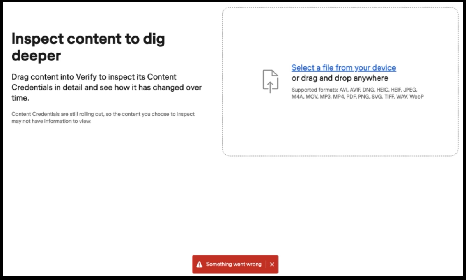Content Credentials inspector page, failing to retrieve a page for review