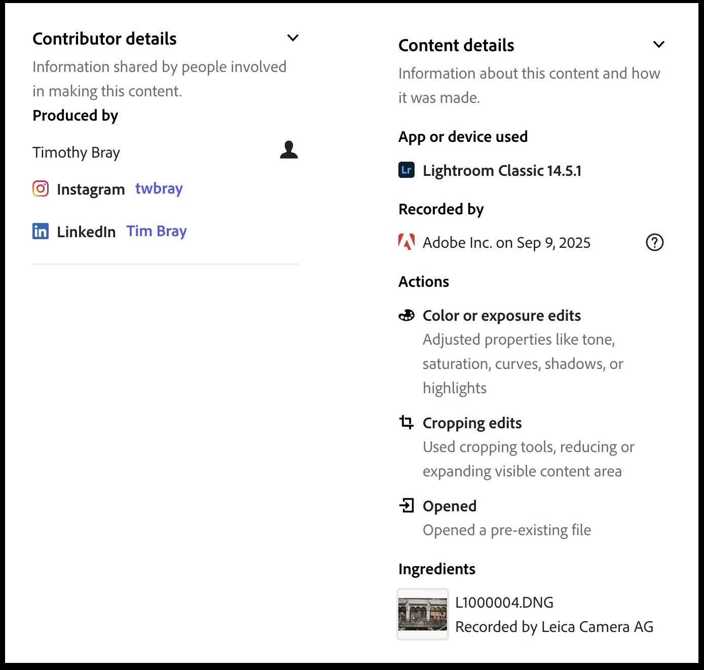 Lightroom-generated C2PA display