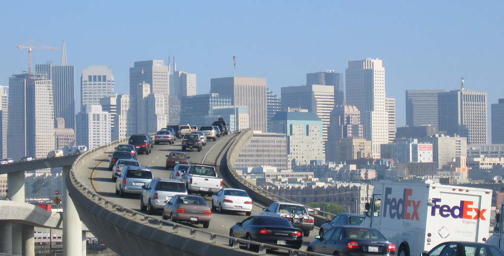 Traffic and morning light heading into San Francisco