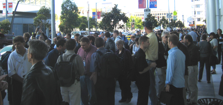 Crowd outside the Moscone Centre after bomb threat