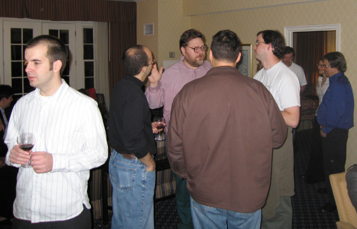 Rob Sayre, John Cowan, Simon St.Laurent, Len Bullard, Eve Maler, and Mike Champion at XML2004 social.