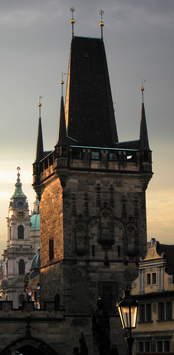 Street-lamp and Charles bridge tower, Prague