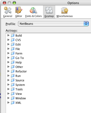 NetBeans keymap customization dialogue