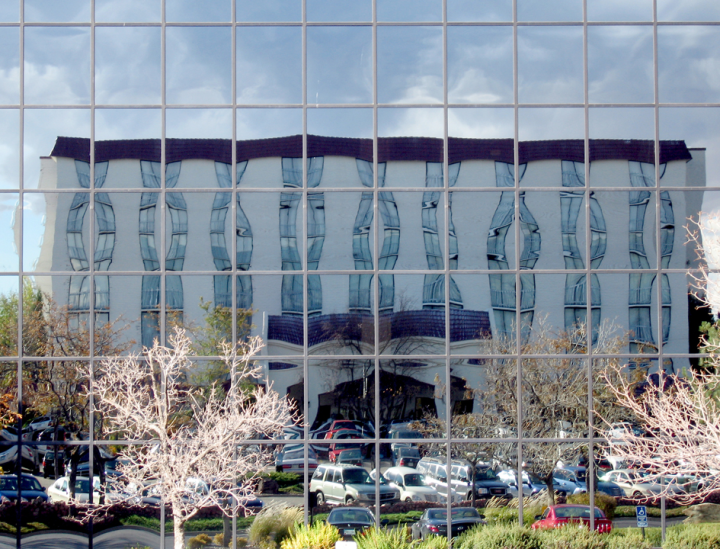 An Embassy Suites, reflected here, hosted RubyConf