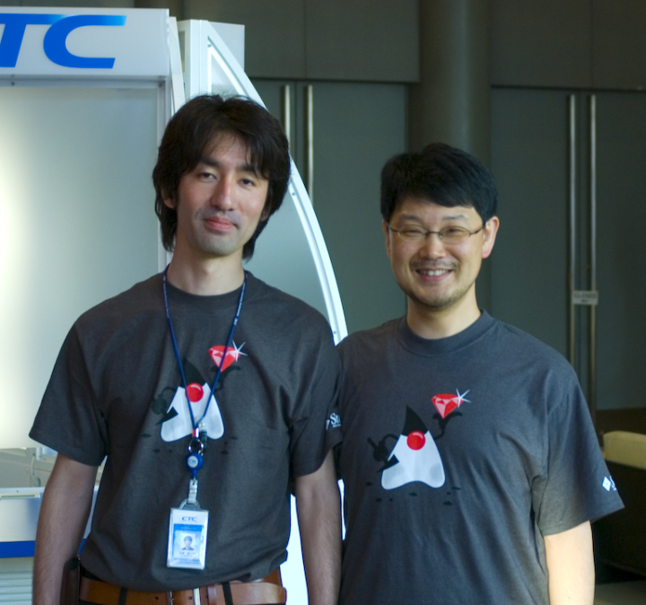 Koichiro Ohba and Yukihiro Matsumoto modeling JRuby T-shirts Koichiro Ohba and Yukihiro Matsumoto modeling JRuby T-shirts