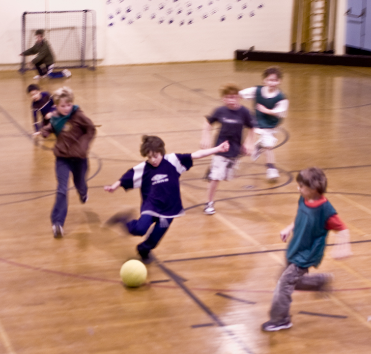 Boys at soccer practice in the gym