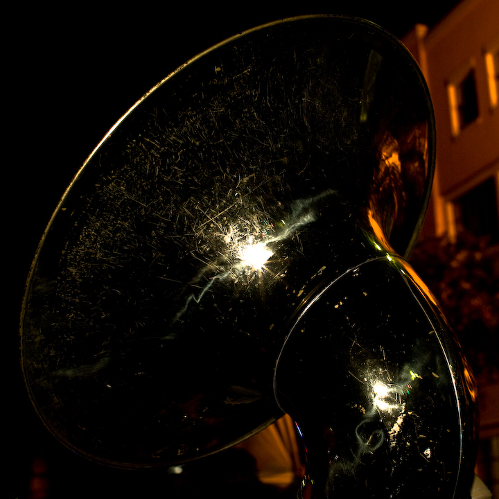 Nighttime sousaphone at a New Orleans jazz funeral