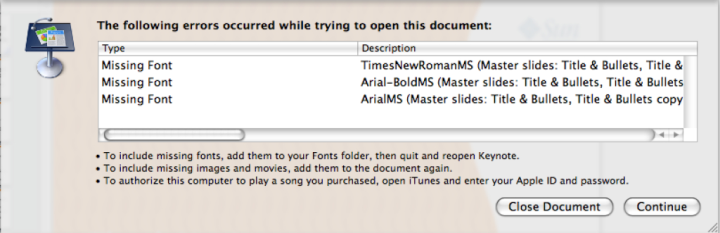 Keynote’s missing font dialog Keynote’s missing font dialog