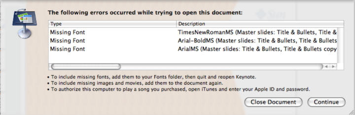 Keynote’s missing font dialog