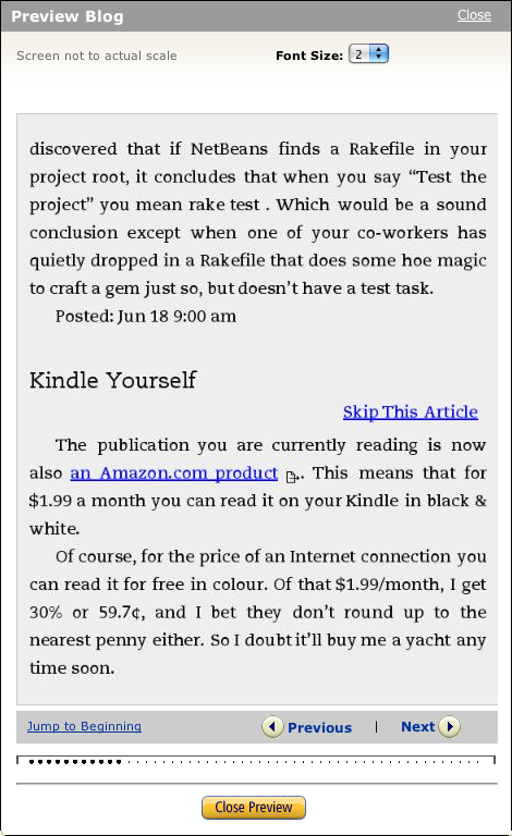 Preview of what a blog might look like on a Kindle